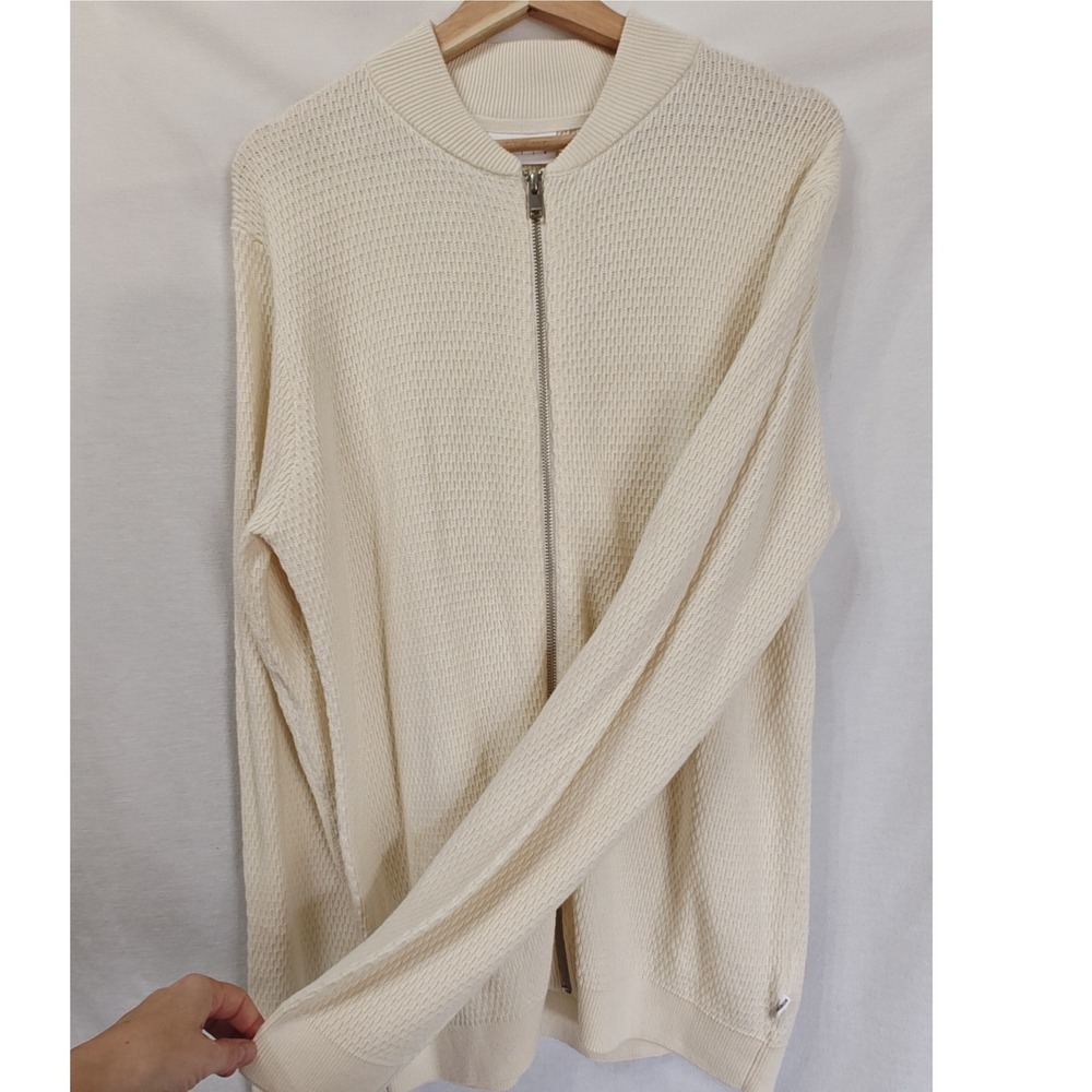 Lindbergh White Textured Knit Full Zip Baseball Bomber Sweater Cardigan Cream L - Picture 4 of 10